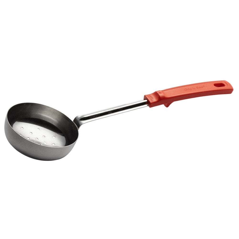 Vollrath 8 oz. Orange Perforated Round Stainless Steel Spoodle® Portion Spoon with Grip 'N Serve® Handle