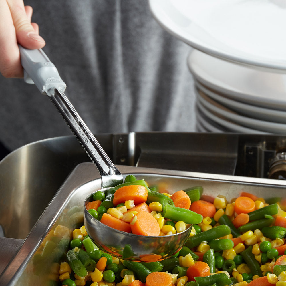 Vollrath 4 oz. Gray Perforated Round Stainless Steel Spoodle® Portion Spoon with Grip 'N Serve® Handle