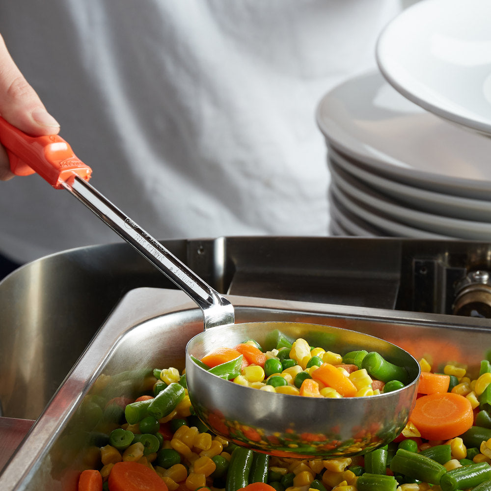 Vollrath 8 oz. Orange Perforated Round Stainless Steel Spoodle® Portion Spoon with Grip 'N Serve® Handle