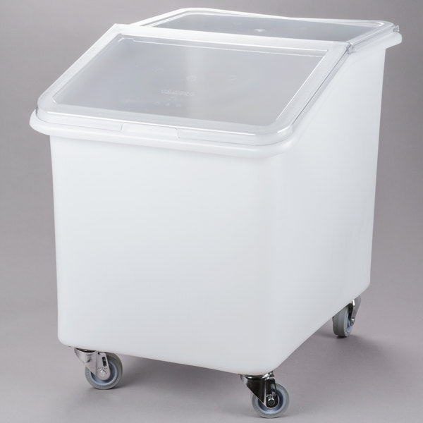 Cambro Gallon / 590 Cup White Slant Top Mobile Ingredient Storage Bin with 2-Piece Sliding Lid & S-Hook