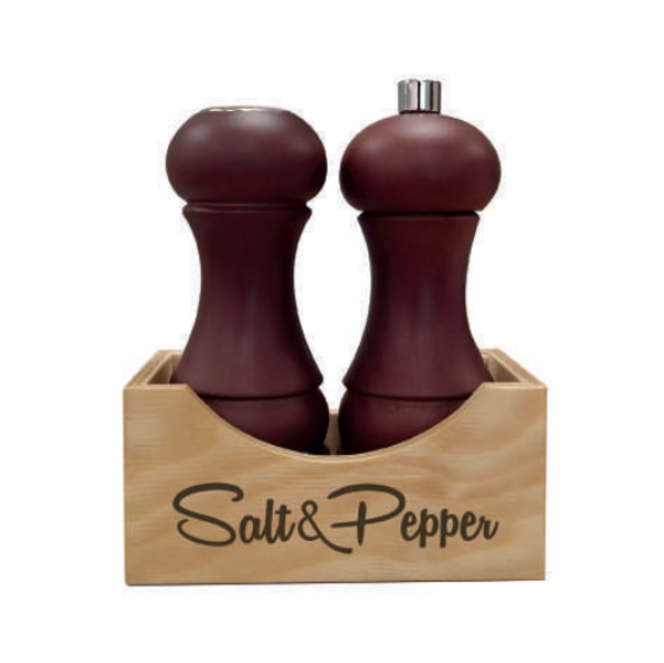 Bisetti Walnut Stain Pepper Mill And Salt Shaker Set With Laser Etched Birch Wood - 145 mm
