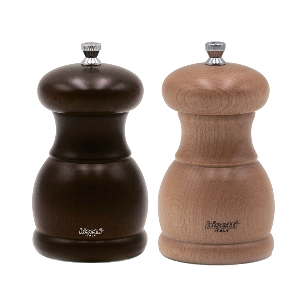 Bisetti Portofino Walnut Stained Beech-Wood Salt Mill & Tural Beech-Wood Pepper Mill