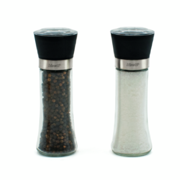 Salt and pepper mill set, acrylic body, head and natural base, 18 cm -  Bisetti - Purchase on Ventis.
