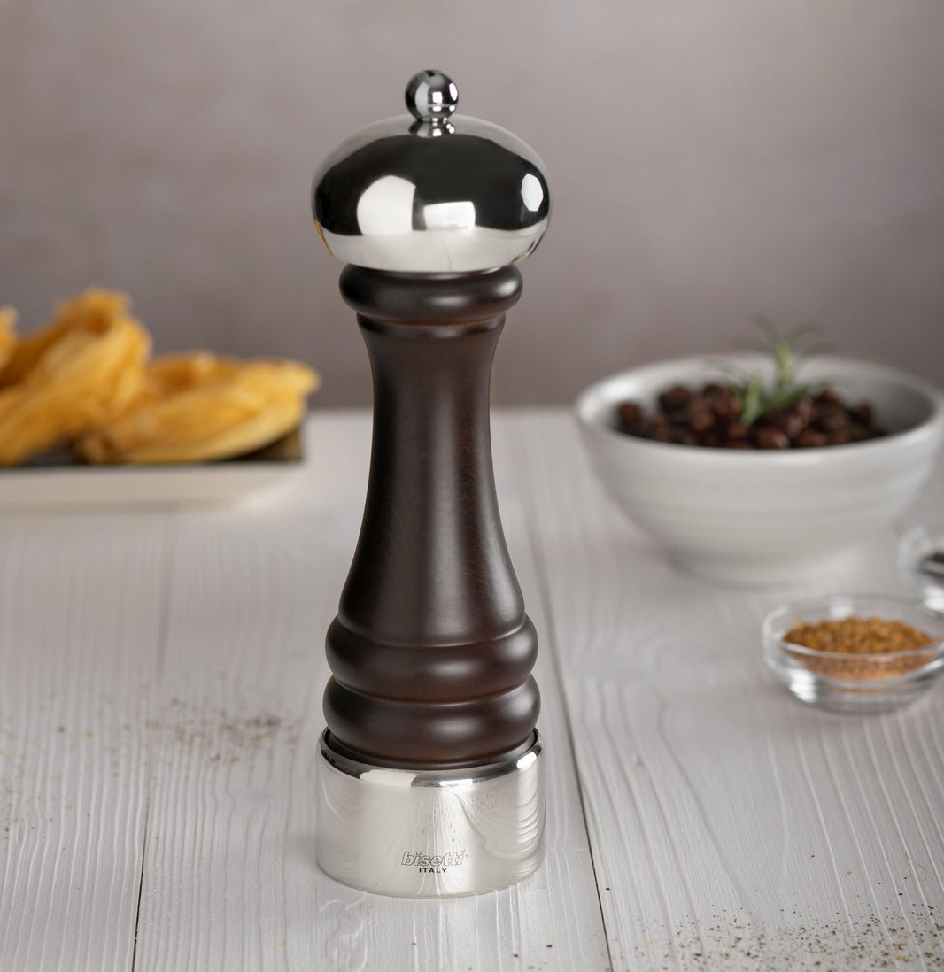 Bisetti Messina Walnut Stained Beech-Wood Salt And Pepper Mill - Base & Head Covered With Pewter - 5150MSTP , 5150TP