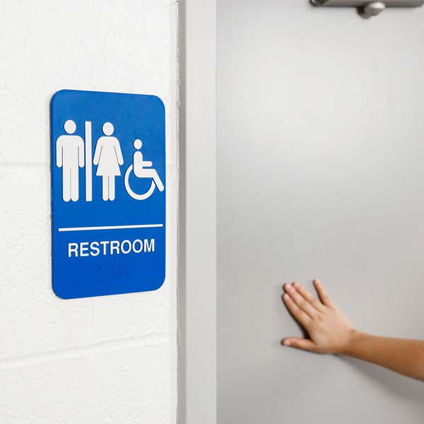 Handicap Accessible Women's / Men's Restroom Sign with Braille - Blue and White, 9" x 6" / Tablecraft