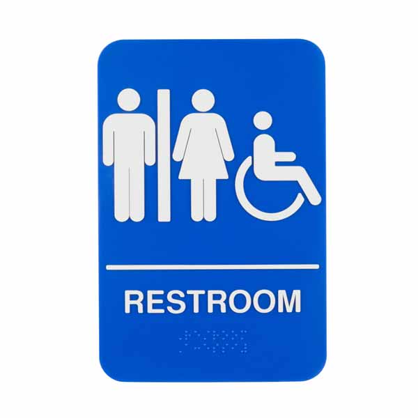 Handicap Accessible Women's / Men's Restroom Sign with Braille - Blue and White, 9" x 6" / Tablecraft