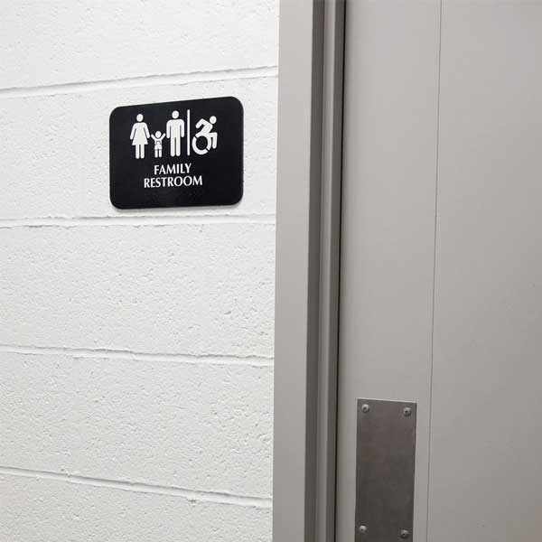 Family Restroom / Handicap Accessible Restroom Sign with Braille - Black and White, 9" x 6" / Tablecraft