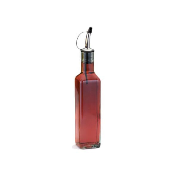 Prima Bottle 8 1/2 Oz. Green Tint Glass Cruet with Stainless Steel Pourer and Tethered Cap / Tablecraft