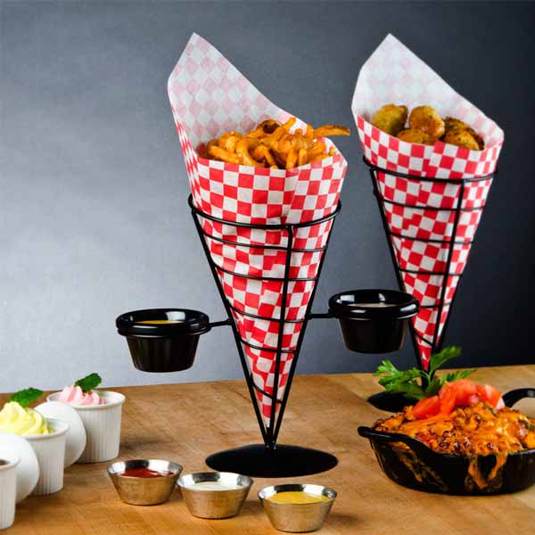 9 3/8" Wire French Fry Holder - Holds Two 2 oz. Ramekins / Winco