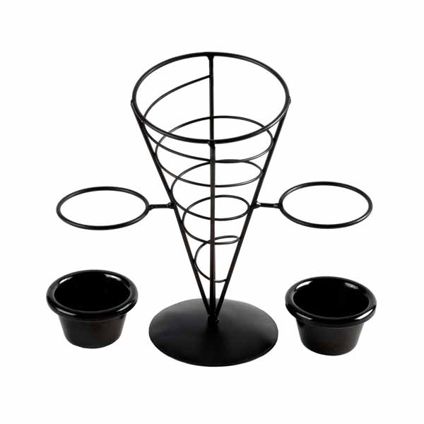 Vertigo Round Appetizer Wire Cone Basket with 2 Ramekins - 5" x 9" / Tablecraft