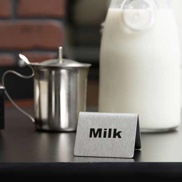 Stainless Steel "Milk" Tent Sign 2 1/2" x 2" / Tablecraft