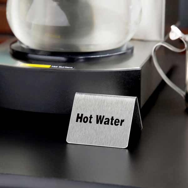 Stainless Steel "Hot Water" Tent Sign 2 1/2" x 2" / Tablecraft