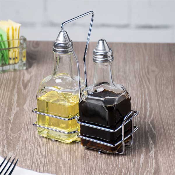 6 Oz. Oil and Vinegar Cruet Set with Chrome-Plated Rack / Winco