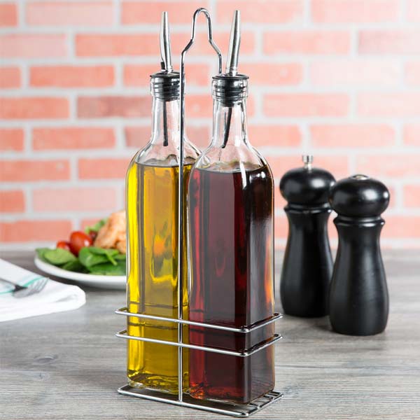 16 Oz. Oil and Vinegar Cruet Set with Chrome-Plated Rack / Winco