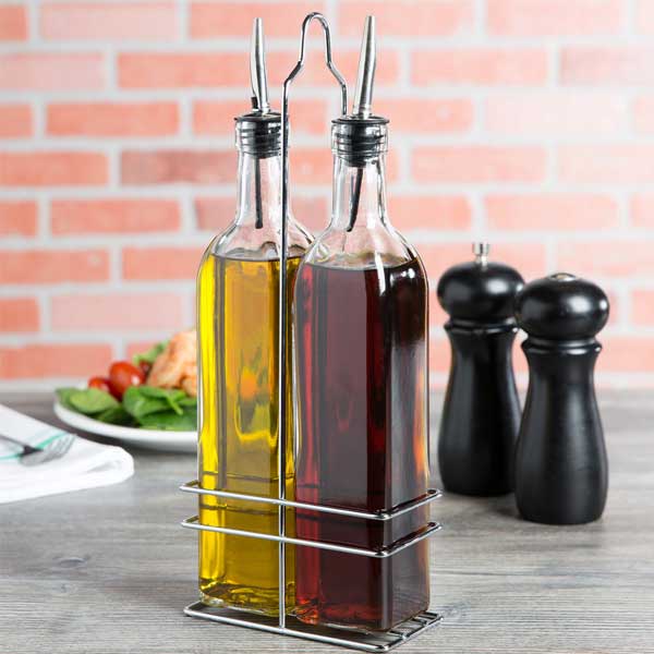 16 oz Glass Prima Oil & Vinegar Cruet Set with Rack / Tablecraft