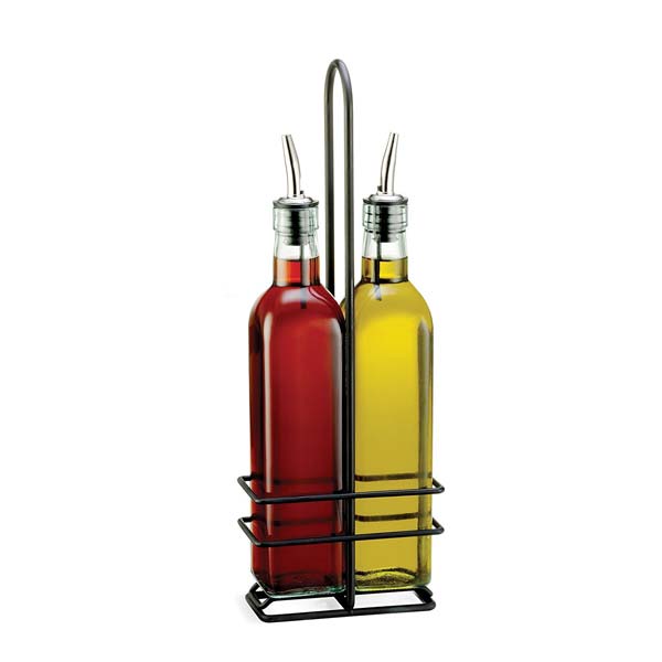 16 Ounce Glass Prima Oil and Vinegar Cruet Set with Rack / Tablecraft