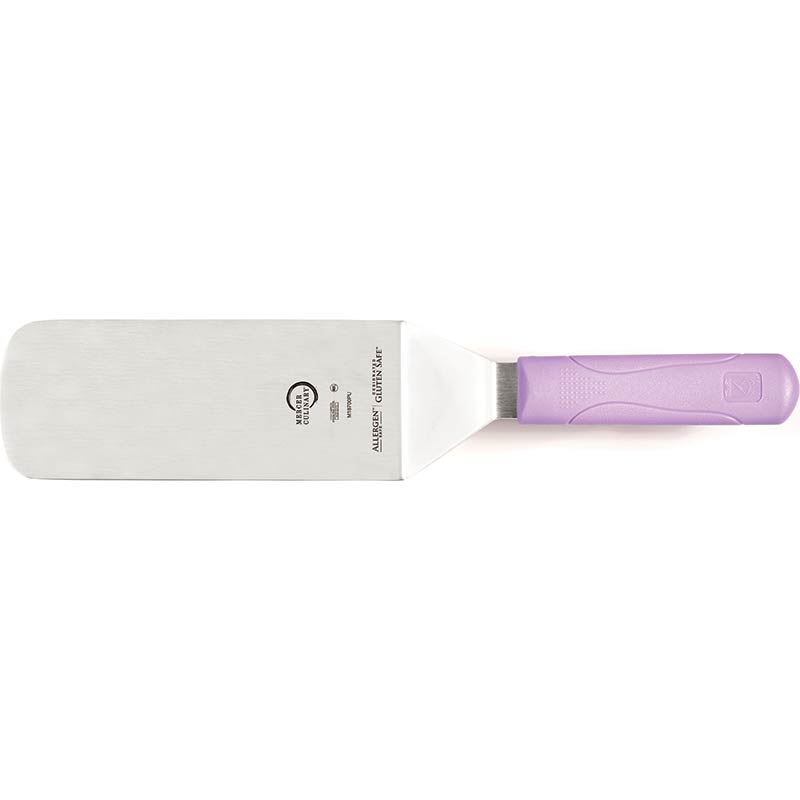Mercer Culinary Millennia 8" x 3" Turner with Purple, Yellow, White, Red, Blue, Black Handle