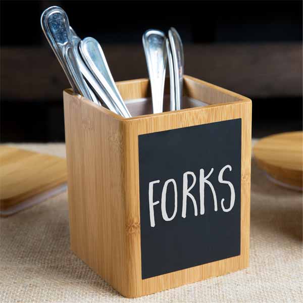 Write-On 4" x 4" x 5 1/2" Bamboo Square Polypropylene Lined Storage Container with Chalkboard / Tablecraft