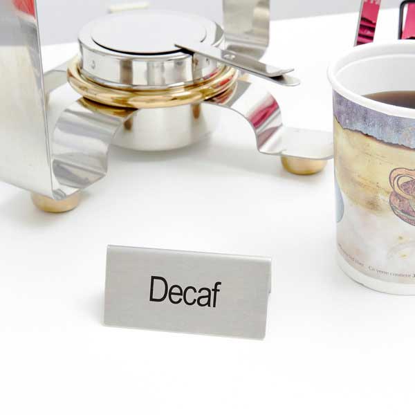 "Decaf" Table Tent Sign Stainless Steel - 3" x 1 1/2" / Winco