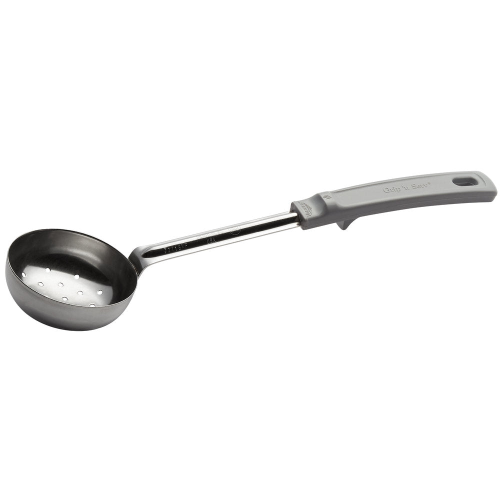 Vollrath 4 oz. Gray Perforated Round Stainless Steel Spoodle® Portion Spoon with Grip 'N Serve® Handle