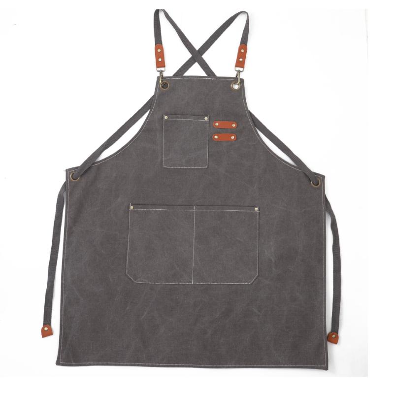 BARISTA UNISEX GRAY DENIM BIB APRON WITH GENUINE LEATHER STRAPS & CONVENIENT POCKETS