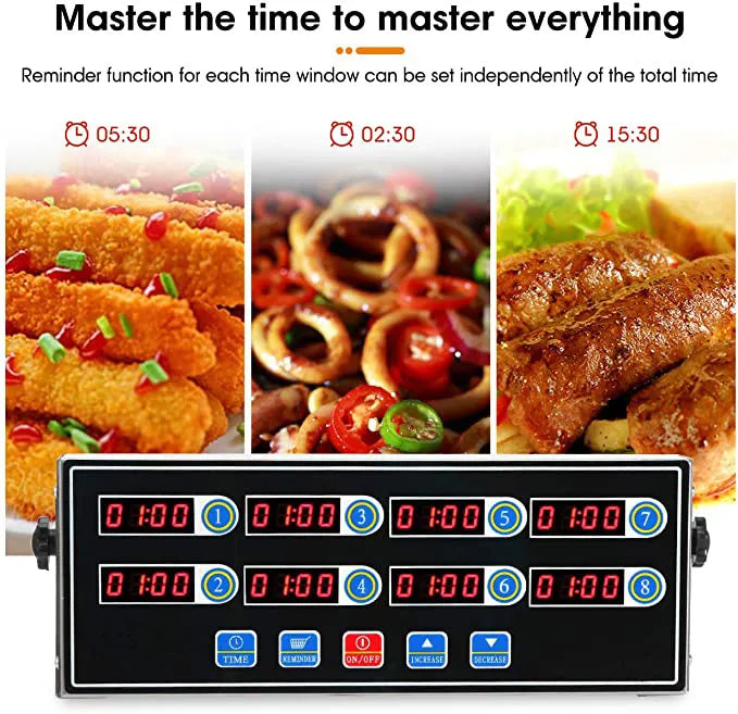 8 Channels Commercial Kitchen Timer Digital Alarm Reminder with Clear LED Display in Stainless Steel