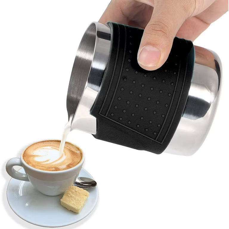 "BARISTA HANDLE- FREE PRECISION PITCHER 350ML  12 OZ - 600ML 20 OZ NON SLIP RUBBER GRIP SLEEVE(BLACK) FOOD GRADE 304 STAINLES STEEL"