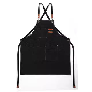 BARISTA UNISEX BLACK DENIM BIB APRON WITH GENUINE LEATHER STRAPS & CONVENIENT POCKETS