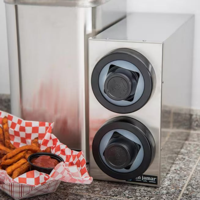 San Jamar C9002 Stainless Steel 2-Slot Vertical 1/2 - 2 1/2 oz. Countertop Portion Cup Dispenser Cabinet