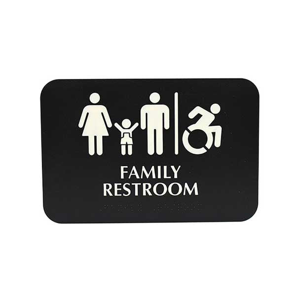 Family Restroom / Handicap Accessible Restroom Sign with Braille - Black and White, 9" x 6" / Tablecraft