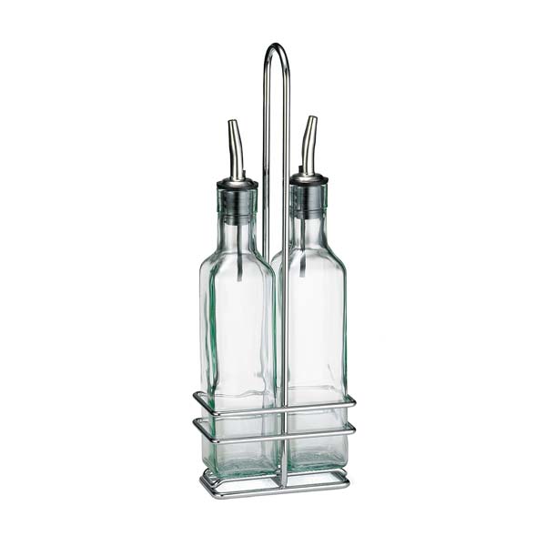 8 oz Glass Prima Oil & Vinegar Cruet Set with Rack / Tablecraft