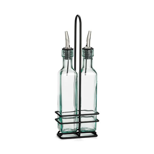 Prima 8.5 oz. 3 Piece Green Tinted Glass Oil and Vinegar Cruet Set with Black Rack / Tablecraft