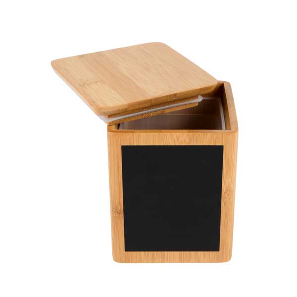 Write-On 4" x 4" x 5 1/2" Bamboo Square Polypropylene Lined Storage Container with Chalkboard / Tablecraft