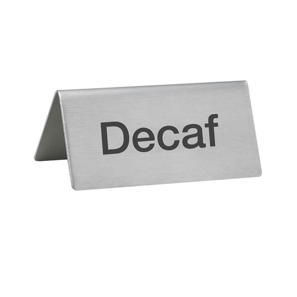 "Decaf" Table Tent Sign Stainless Steel - 3" x 1 1/2" / Winco