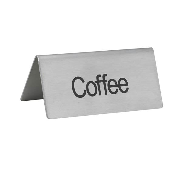 "Coffee" Table Tent Sign Stainless Steel - 3" x 1 1/2" / Winco