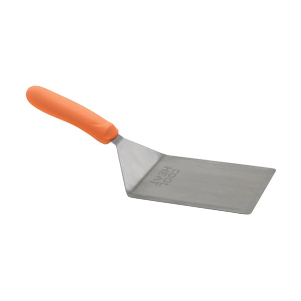 5" x 6" Stainless Steel Offset Extra Heavy Turner with Cutting Edge Blade and Orange Cool Heat Nylon Handle / Winco