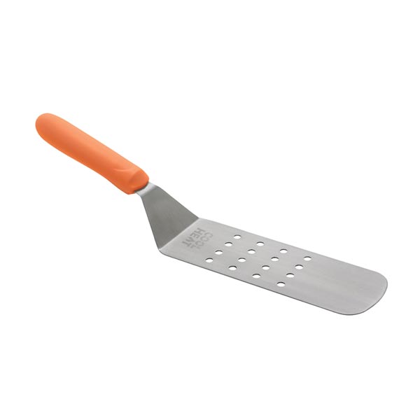 8.25" x 2.88" Stainless Steel Perforated Offset Flexible Turner with Orange Cool Heat Nylon Handle